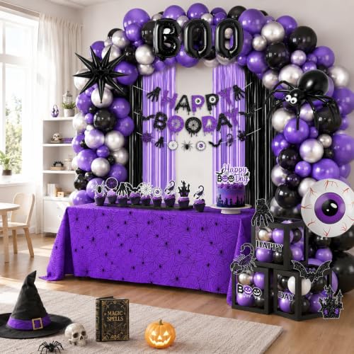 Black and Purple Halloween Birthday Decorations Set with Banner, Balloons, Web, and Balloon Arch