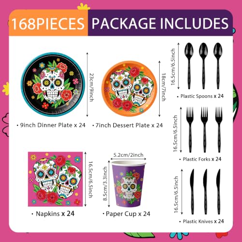 Day of the Dead Party Plates Napkins Set - Colorful Skeleton & Marigold Design - 168pcs - Variation of THIS listing