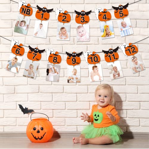 Halloween First Birthday Banner with 12 Photos & Clips - Spooky 1st Celebration