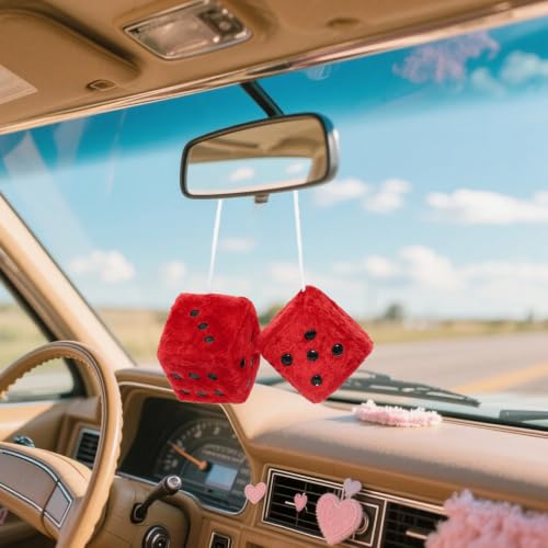 Red Fuzzy Dice Plush Car Hanging Ornament - Stylish Interior Decor