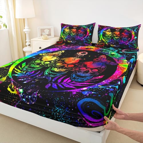Queen Sugar Skull Bed Sheets Rainbow Tie Dye Fitted Sheet - Snake & Moth Design, 25 Color Variations