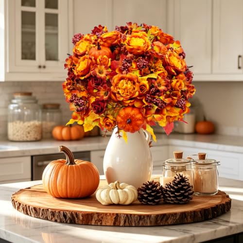 Artificial Fall Flowers with Pumpkins - Orange 3-Pack Fall Decorations for Table