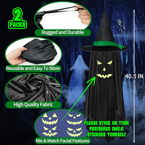 Halloween Hanging Ghost Decorations Outdoor with Glowing Face - Black Ghost, 2 Pack