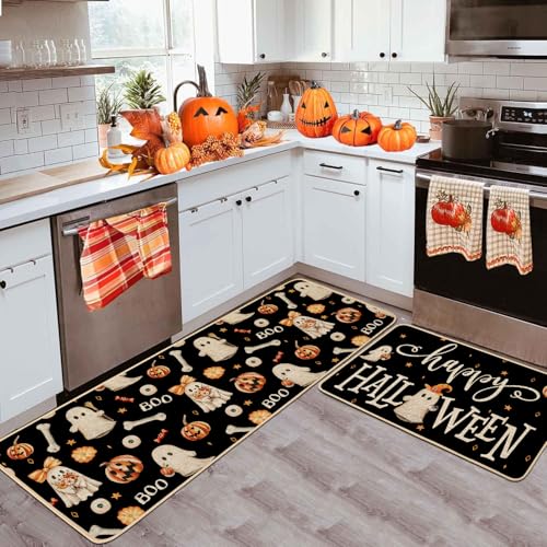 Halloween Ghost Pumpkins Kitchen Mat Set of 2 - Non-Slip, Absorbent Fall Rug