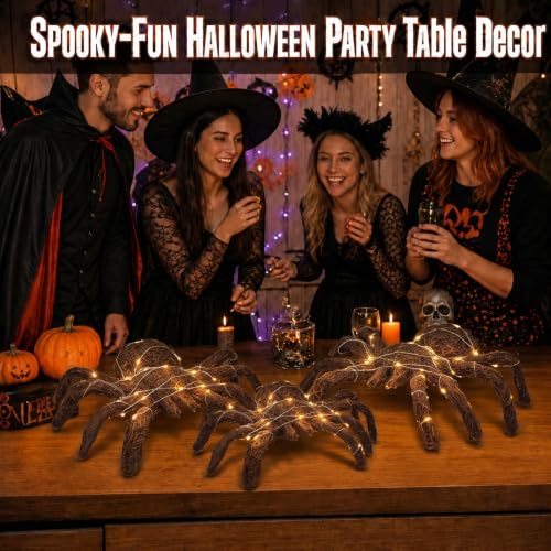 Fake Spider Decor Set with Rattan Woven Legs & String Lights - Halloween Props, 3 Sizes