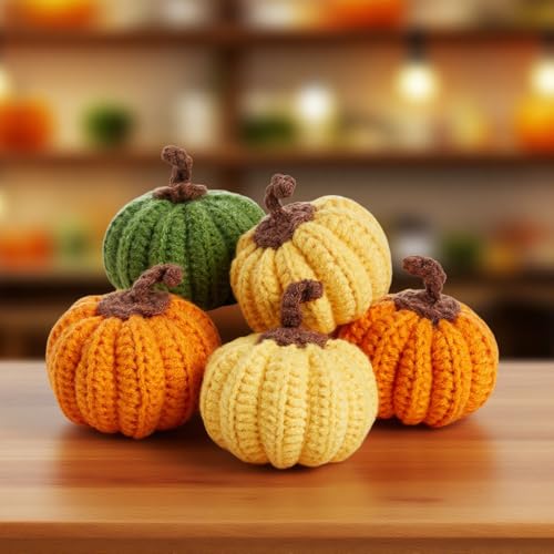 Mini Knit Pumpkins Set of 5 Fall Decor Autumn Bowl Fillers - Yellow, Orange, Green