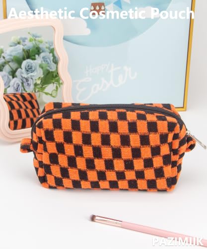 Checkered Makeup Bag for Purse - Halloween Orange Small Travel Cosmetic Pouch - 1 Pack