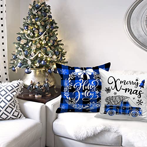 Blue Christmas Throw Pillow Covers Set of 4 26x26 Holiday Farmhouse Decor