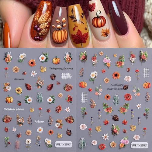 Pumpkin Maple Leaf Nail Art Stickers - Autumn 3D Embossed Decals for Manicure