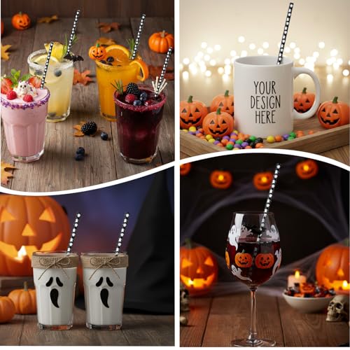Halloween Ghost Reusable Drinking Straws Bulk - Black & White, 9 Inch, 50 Pieces