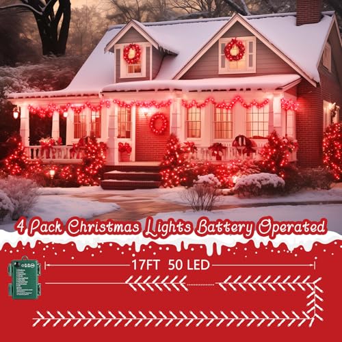 Battery Operated Christmas Fairy Lights 66FT 200 LEDs 8 Modes Waterproof 4 Pack - Red / 17 FT