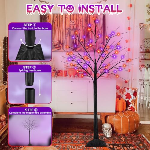 2 Pack 6FT Black Halloween Tree with 288 Orange & Purple LED Lights - Indoor Outdoor Decor