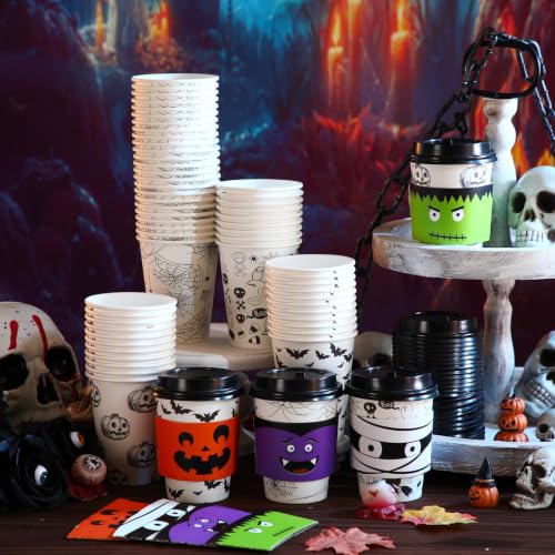 Umigy 48 Pack Halloween Bat Style Disposable Coffee Cups 12 oz with Lids & Sleeves
