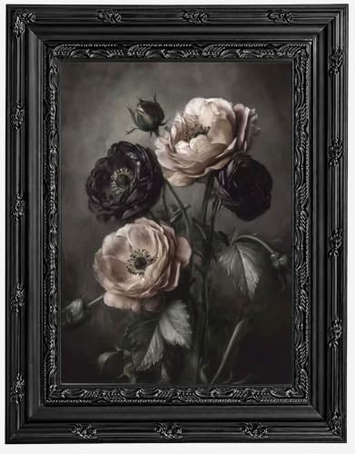 Dark Floral Canvas Wall Art - Vintage Gothic Botanical Painting, 16x12in - Black Frame