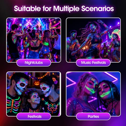 Glow Face & Body Paint Pens - Neon UV Reactive, Skin Safe, Washable, Quick-Dry