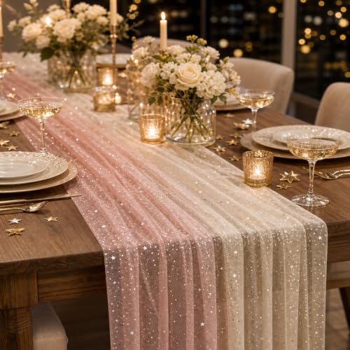 Champagne Pink Sequin Sheer Table Runner 28x120 Inch 6PCS Boho Wedding Party Decor