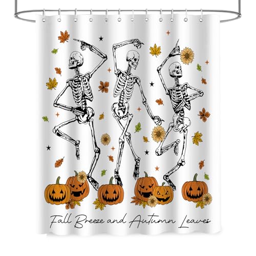 Halloween Shower Curtain Spooky Skeletons Pumpkin Waterproof Fabric 72x72 in