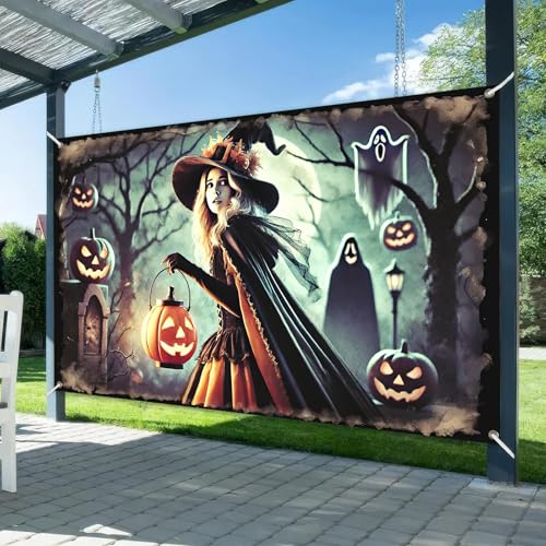Halloween Banner Witch Ghost Lantern Backdrop 71x43 Inch - Variation #005