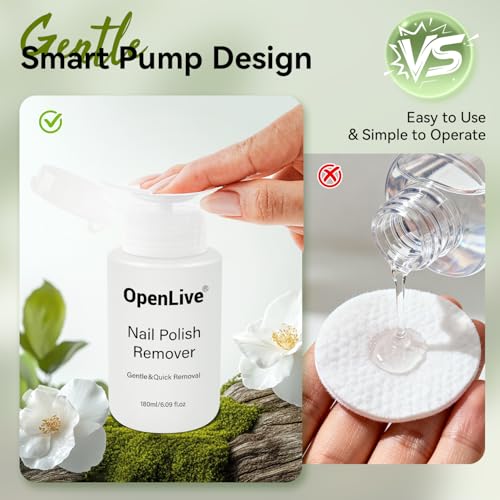 OpenLive White Tea Scent Nail Polish Remover 180ml Non-Acetone Easy Pump, Gentle & Fragrant