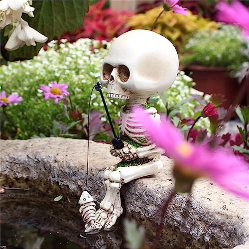 Mini Skeleton Fishing Garden Statue - White Resin Home Decor Sculpture