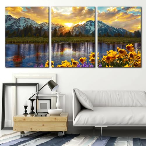 Mountain Canvas Wall Art Set - 3 Panels 20x28 Sunflower Landscape Framed Decor - Variation Wallart-12