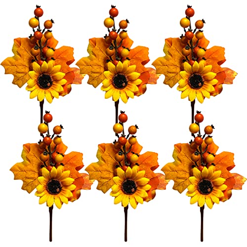 Artificial Fall Sunflower Berry Picks - 6 Pack Autumn Harvest Decor