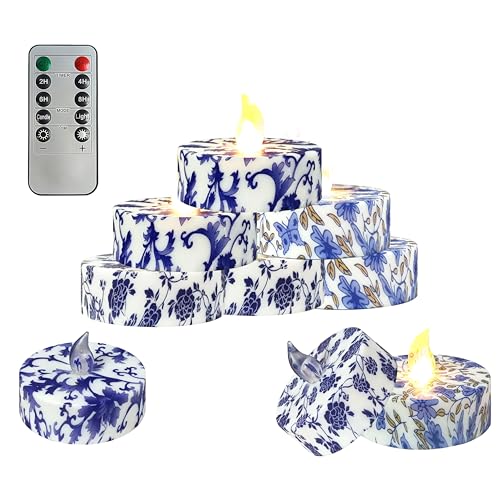 Blue & White Porcelain Flameless Tea Lights with Remote - BMP MIX, 12 Pack