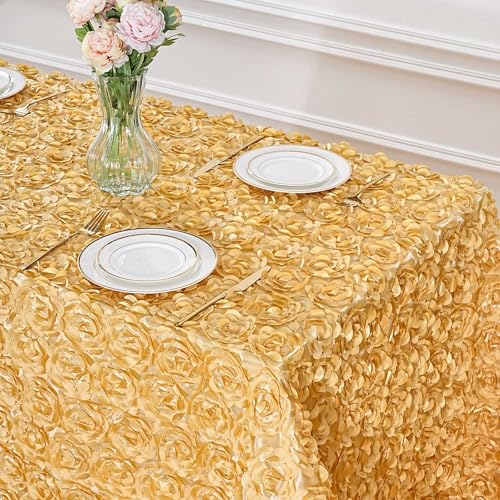 90x156 Inch Light Gold Satin Rosette Tablecloth - 3D Floral Wedding Cover
