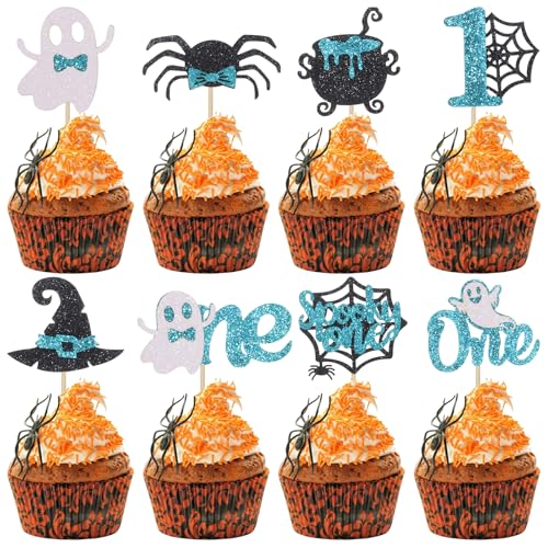 Halloween Spooky First Birthday Cupcake Toppers - Blue, Glitter, 48Pcs