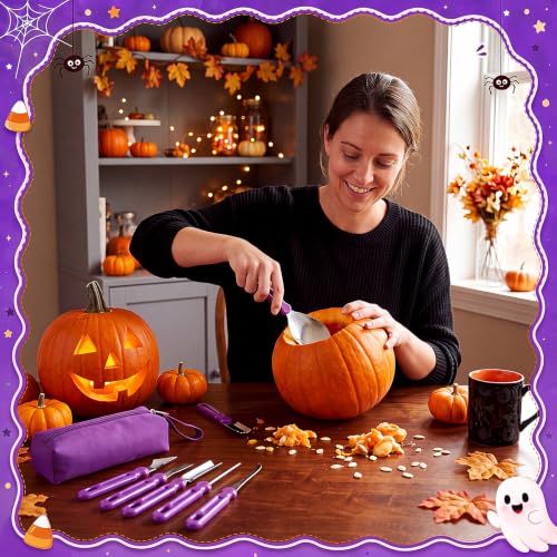 Halloween Pumpkin Carving Kit with 7 Tools & Purple Storage Bag - DIY Jack O Lantern
