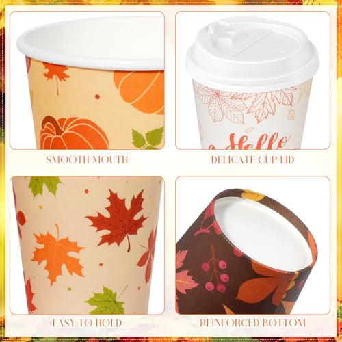 100pcs Fall Coffee Cups with Lids 12oz Disposable Pumpkin Maple Leaves Set - Thanksgiving Party Supplies