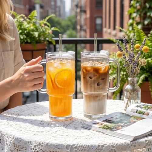 24 oz Ribbed Glass Tumbler with Handle - 2 Pack, Spill-Resistant Lid & Reusable Straw