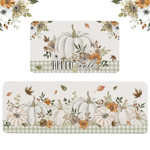 Autumn Kitchen Rugs Set of 2 - Non-Slip Watercolor Pumpkins & Floral Mats