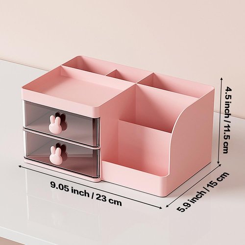 Makeup Storage Organizer with 2 Drawers, Desk Vanity Countertop Skin Care Cosmetic Display Case Make up Stands for Hair Accessories Lipstick Lotions Beauty Skincare Organizing (Pink)