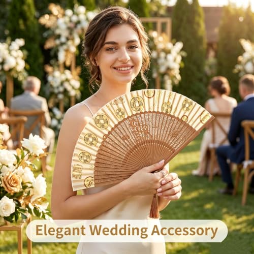 Hand Held Fan for Women Japanese Vintage Bamboo Silk Elegant for Dance Festival Wedding Party - Medium / Get Rich Quick