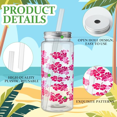 Hawaiian Hibiscus Party Cups with Lids and Straws – 30 Count, 13.5 oz Plastic Tumblers for Weddings and Celebrations