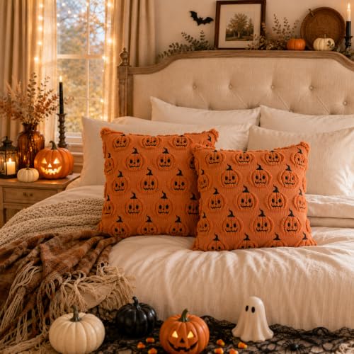 Halloween Pillow Covers 16x16 Set of 2 - Rust Red Pumpkin Tufted Decor
