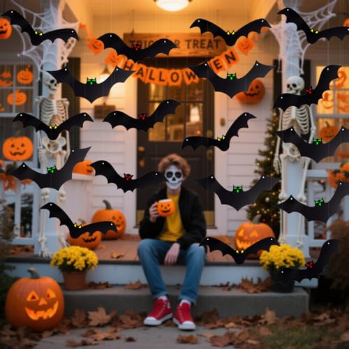 18Pcs Halloween 3D Hanging Bat Decorations with Glow Eyes Outdoor Spooky Set