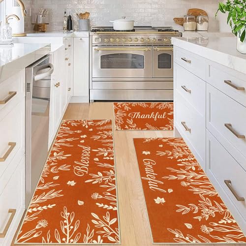 Fall Kitchen Rug Set of 3 with Pumpkin Truck & Leaves - Orange Variations 20x32, 20x47, 20x59