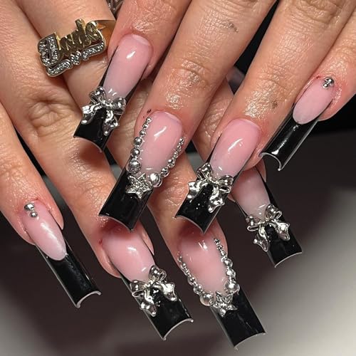 Long Square French Tip Press On Nails with 3D Bow Charms & Rhinestones - Nude Pink, Glossy Silver Star - 24 Pieces