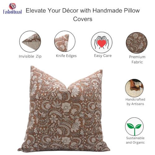 Light Brown 24x24 Linen Block Print Throw Pillow Cover with Zipper - Farmhouse Decor