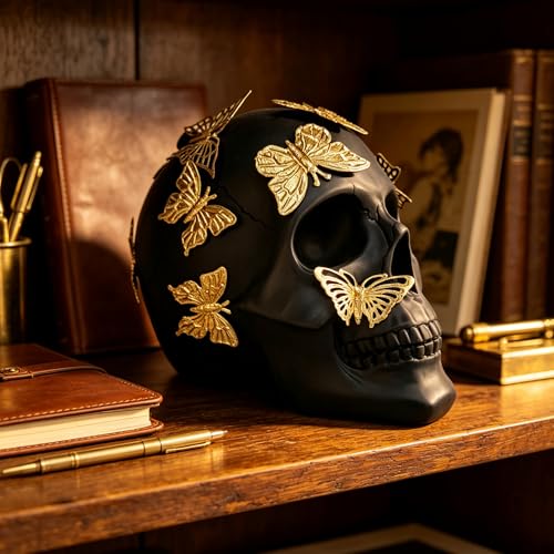Black Skull Statue Gothic Figurine for Home Decor - Large Halloween Ornament with Butterflies