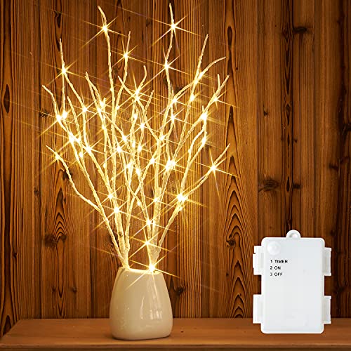 Lighted Birch Branches 18IN with White LED & Timer - Battery Operated for Holiday Decor - White Branches with White Lights