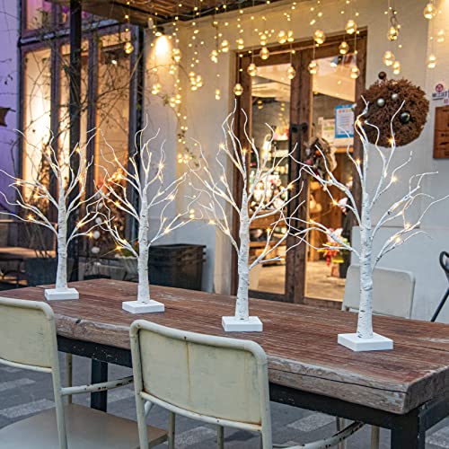 4 Pack Lighted Birch Tree Decorations - 2 Ft Indoor LED Tabletop Trees with Timer