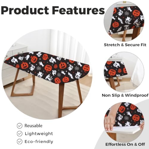Oval Fitted Halloween Tablecloth with Elastic 48x68 Inch - Pumpkin Spiders Cobweb - Washable