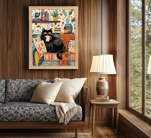Black Cat Coffee Framed Wall Art - 16x12 Inches Kitchen Decor