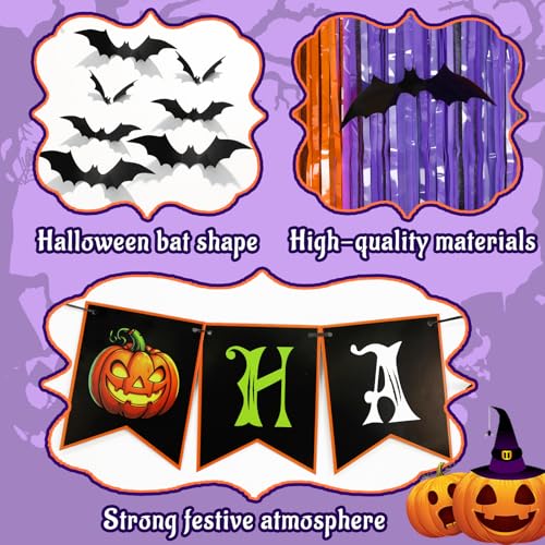 Multicolor Halloween Foil Fringe Curtains Party Decor with Bat Stickers & Banner - 3 Pack