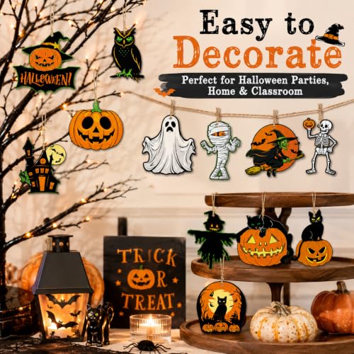 Wooden Halloween Hanging Decorations Set - Rustic Wreath Ornaments for Front Door, Window & Wall