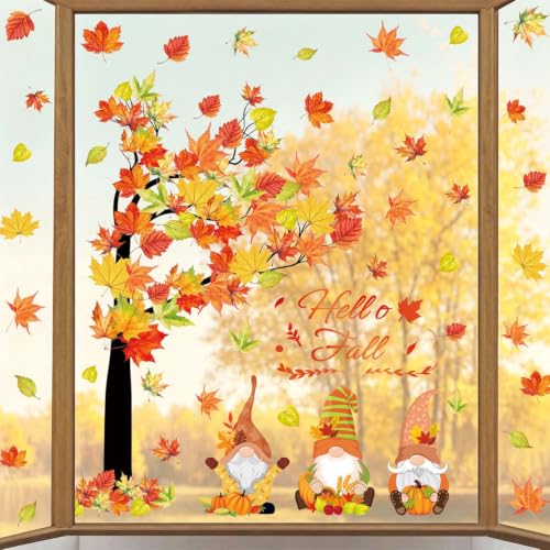 Fall Window Clings - 6 Sheets Double-Side Leaf Maple Tree Stickers, Reusable