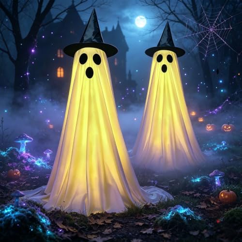 Big Ghost Halloween Light-Up Decorations - 4.76Ft Outdoor Indoor Spooky Decor with Witch Hat